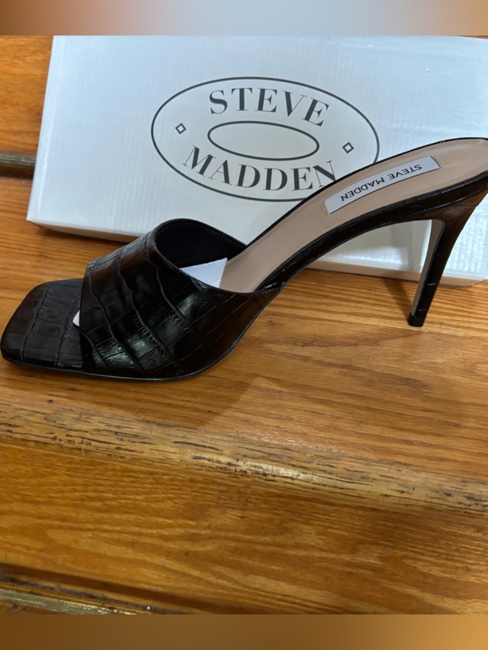 Steve Madden Avoid Heeled Stiletto Sandal Black Croc-Embossed